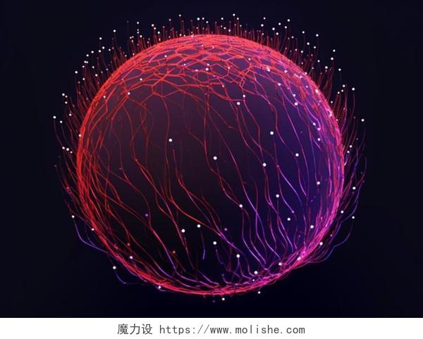 红色紫色向上延伸缠绕的血管状线条科技圆球数据概念图